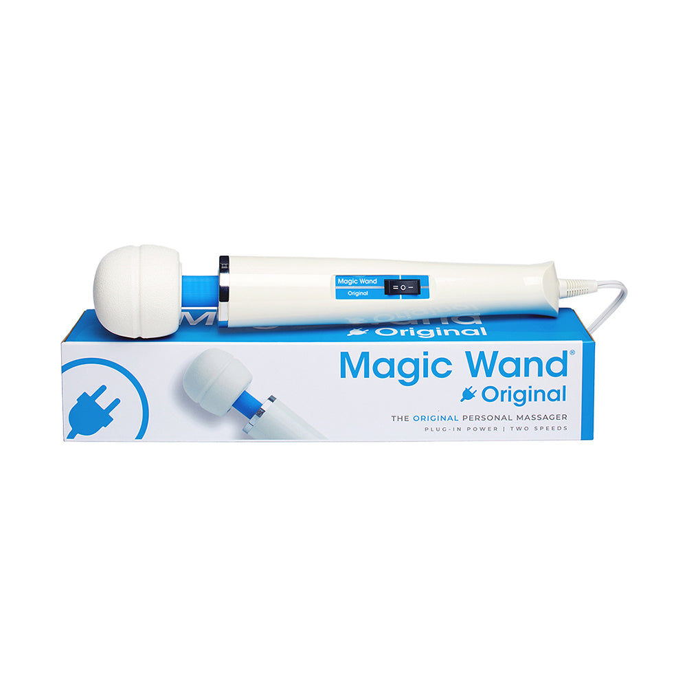 Magic Wand Original Vibrating Wand lying on its box on a plain white background. Available at SugarX in the Vibrating Wand section of the Sex Toy collection.