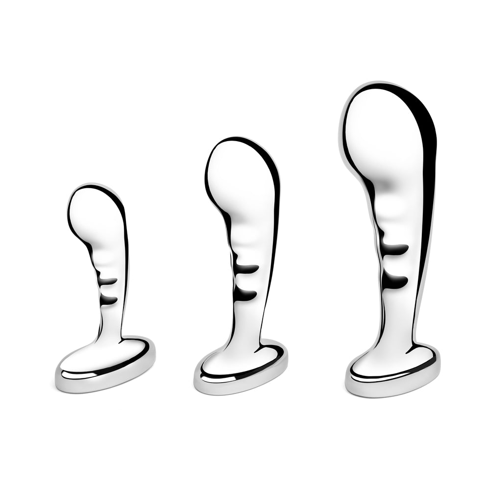 B-Vibe Stainless Steel P-Spot Training Set on white background. Available at SugarX in Sex Toys in the Butt Plug collection.