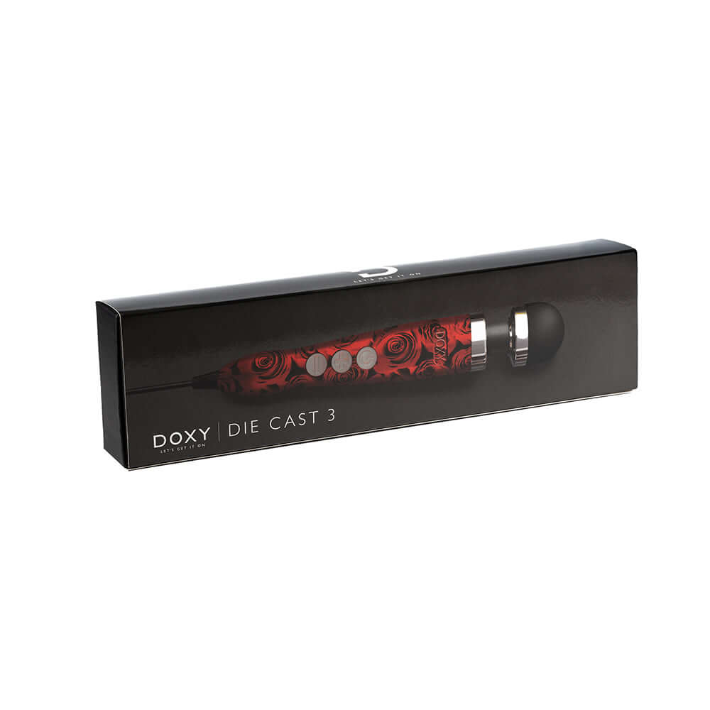 Doxy Die Cast 3 wand vibrator’s black storage box on its side on a plain white background, available at SugarX in Vibrators in the Sex Toy Collection.