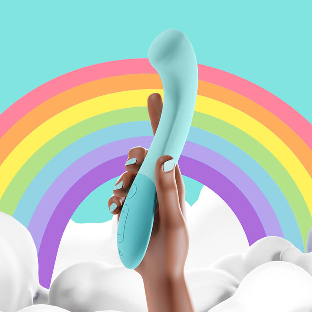 Biird Gii G-spot vibrator in Mint by SugarX in Sex Toys in the G-Spot Vibrator collection. The vibrator being held by a hand showcasing its design for both internal and external stimulation.