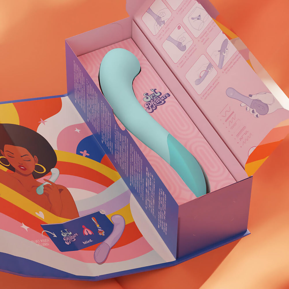 Biird Gii G-spot vibrator in Mint by SugarX in Sex Toys in the G-Spot Vibrator collection. The vibrator is displayed with its packaging showcasing its design for both internal and external stimulation.