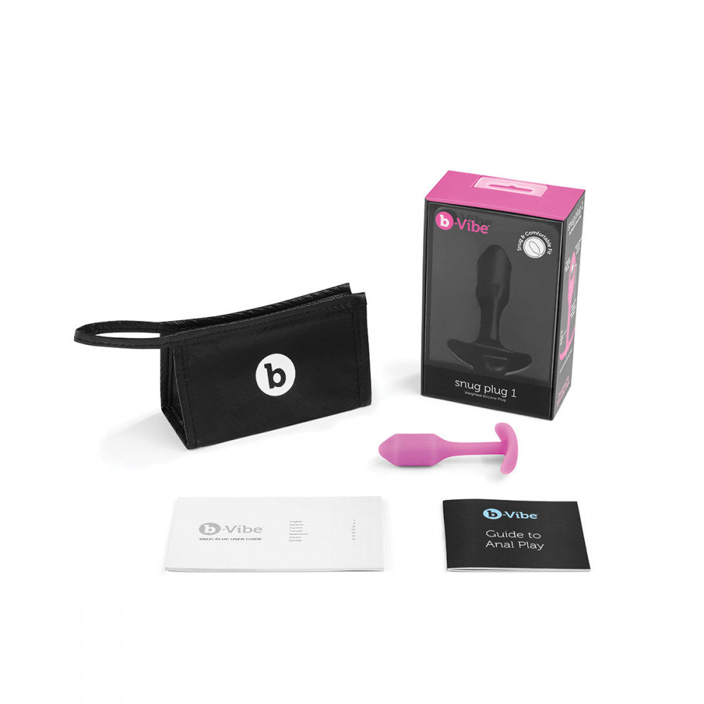 B-Vibe Snug Plug 1 - Fuchsia on white background. Available at SugarX in Sex Toys in the Butt Plug collection.