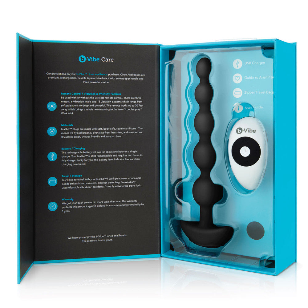 B-Vibe Cinco Beads - Black on white background. Available at SugarX in Sex Toys in the Butt Plug collection.