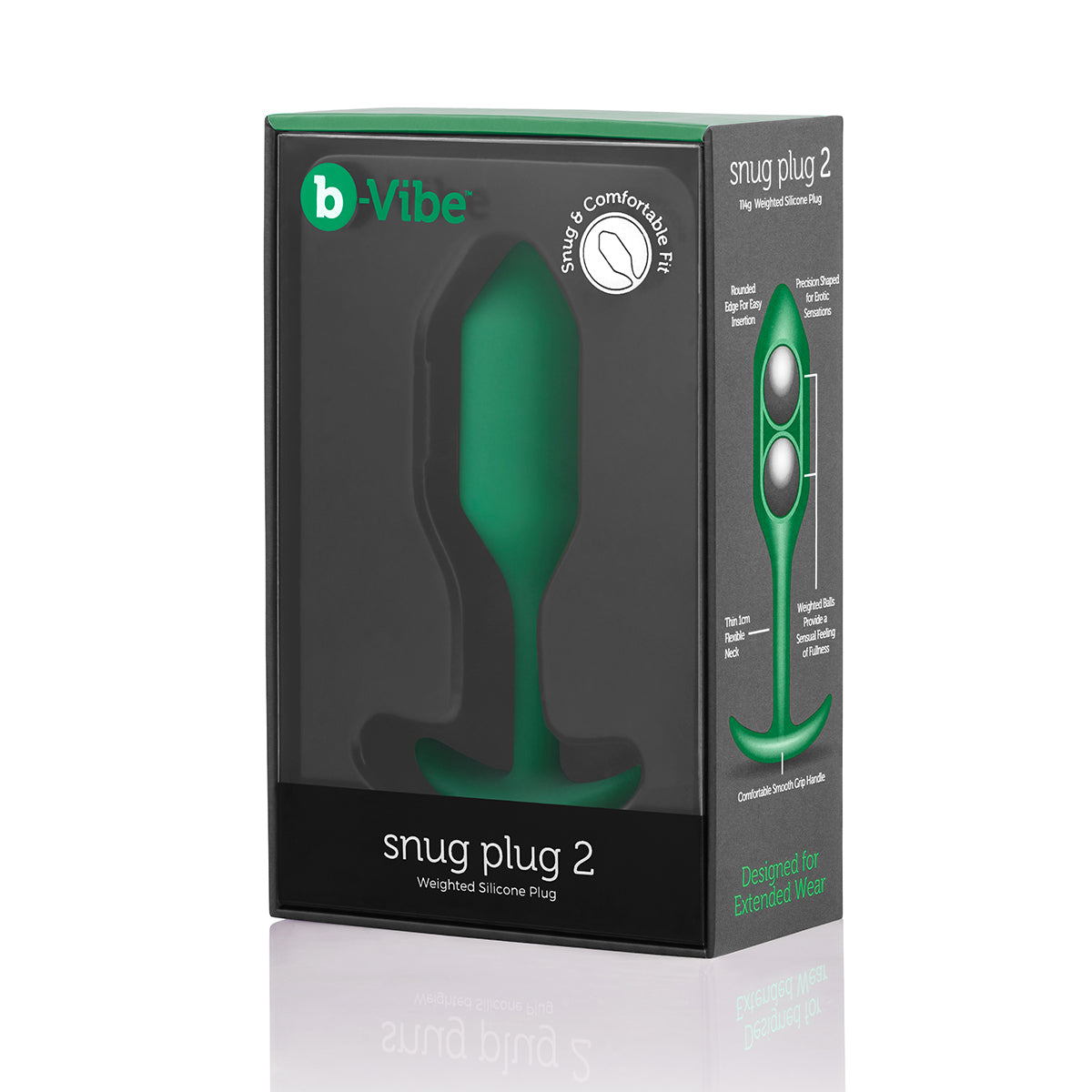 B-Vibe Snug Plug 2 - Green on white background. Available at SugarX in Sex Toys in the Butt Plug collection.