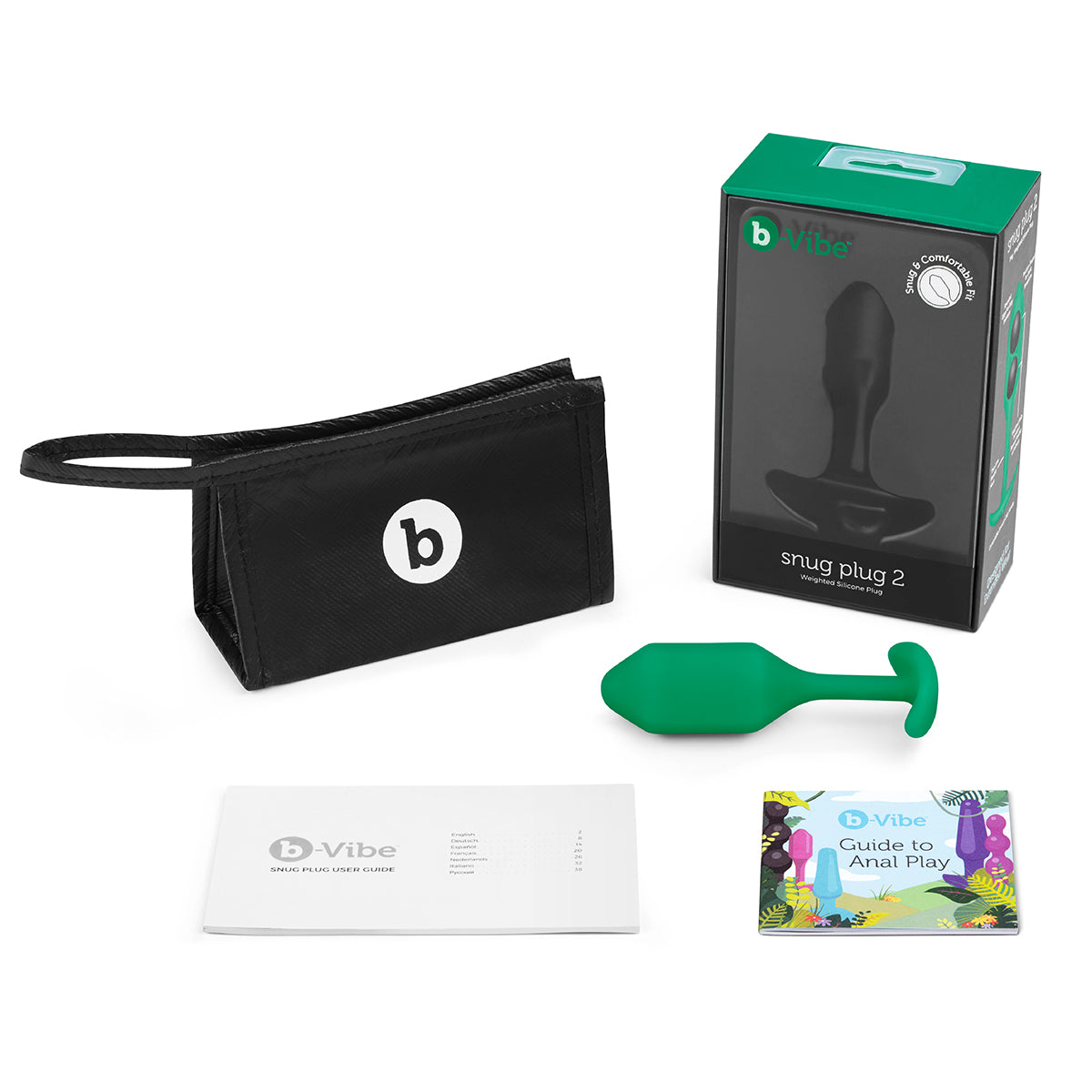 B-Vibe Snug Plug 2 - Green on white background. Available at SugarX in Sex Toys in the Butt Plug collection.