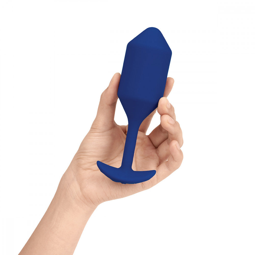 B-Vibe Vibrating Snug Plug 4 - Navy on white background. Available at SugarX in Sex Toys in the Butt Plug collection.