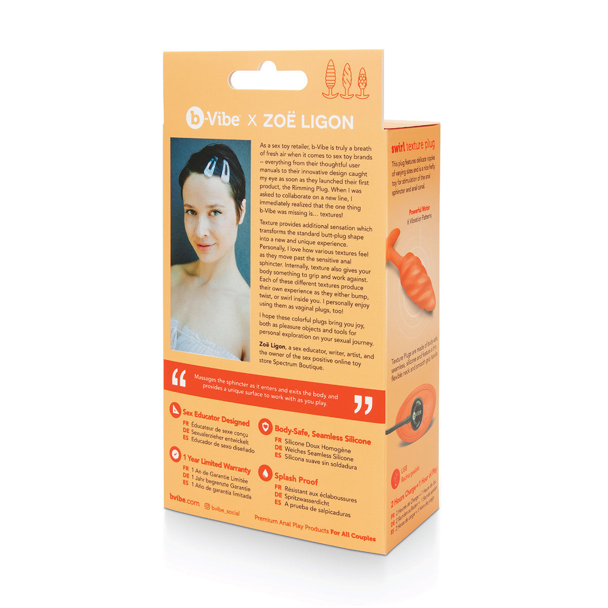 B-Vibe Swirl Texture Plug Orange - Medium on white background. Available at SugarX in Sex Toys in the Butt Plug collection.