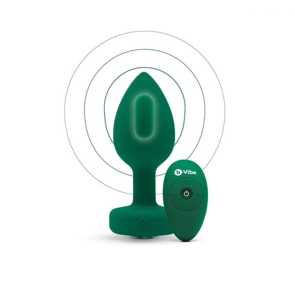 B-Vibe Vibrating Jewel Plug Medium/Large - Emerald on white background. Available at SugarX in Sex Toys in the Butt Plug collection.