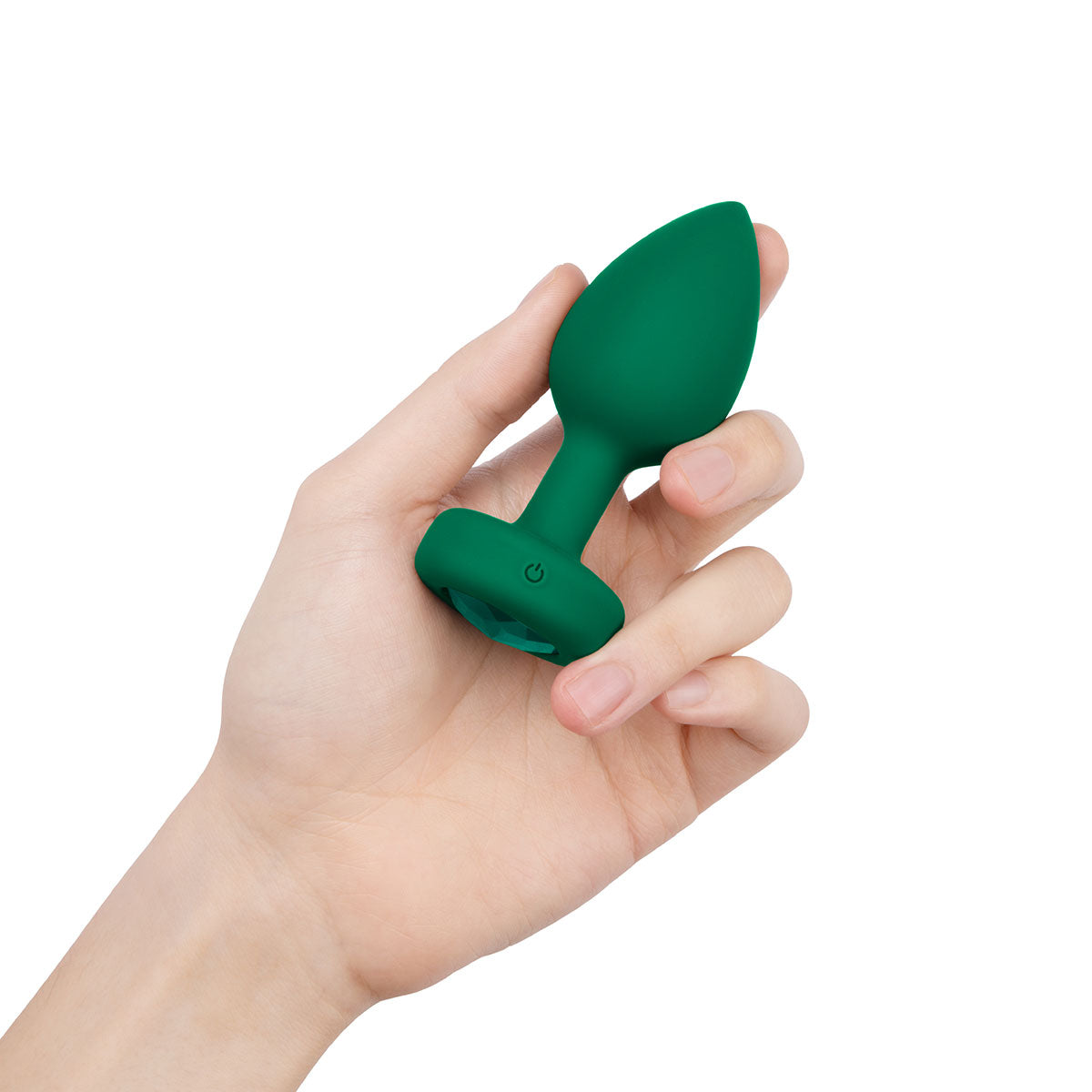 B-Vibe Vibrating Jewel Plug Medium/Large - Emerald on white background. Available at SugarX in Sex Toys in the Butt Plug collection.