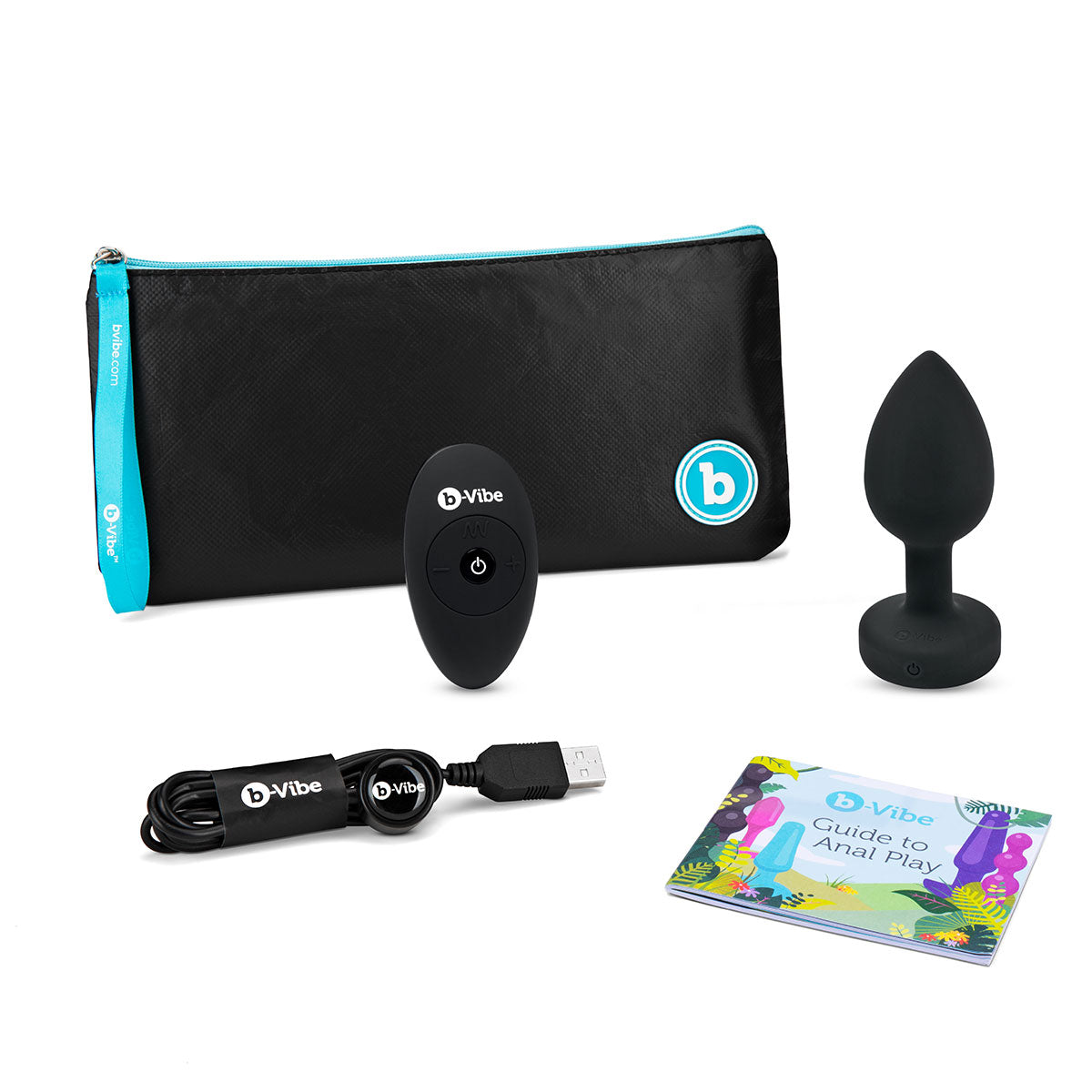 B-Vibe Vibrating Jewel Plug Medium/Large - Black on white background. Available at SugarX in Sex Toys in the Butt Plug collection.