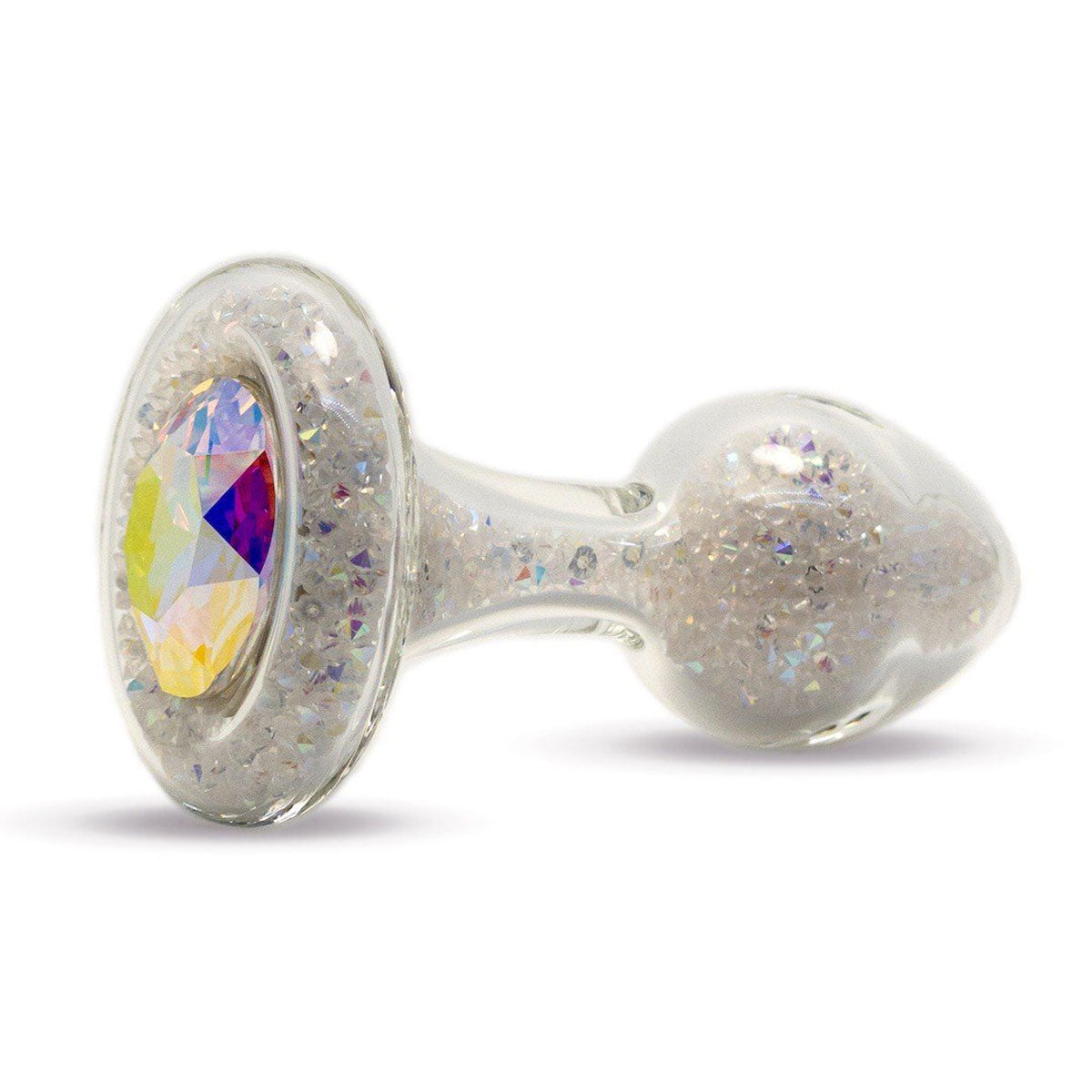 Sparkle Glass Butt Plug with Crystal Base in Aurora Borealis viewed on a plain white background showcasing its crystal filled design. Available at SugarX in the Butt Plug section of the Sex Toys collection.