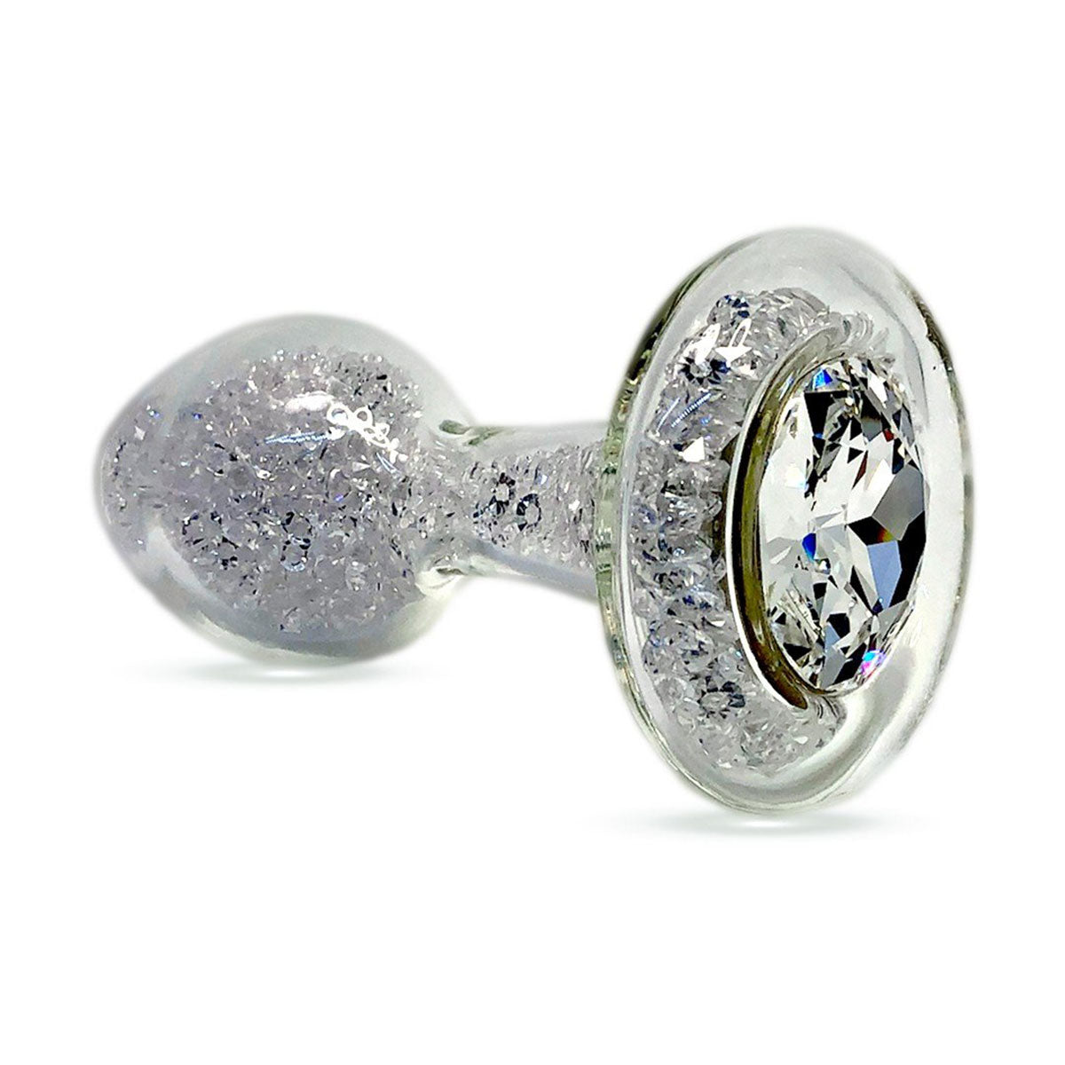 Sparkle Glass Butt Plug with Crystal Base in Clear viewed on a plain white background showcasing its crystal filled design. Available at SugarX in the Butt Plug section of the Sex Toys collection.