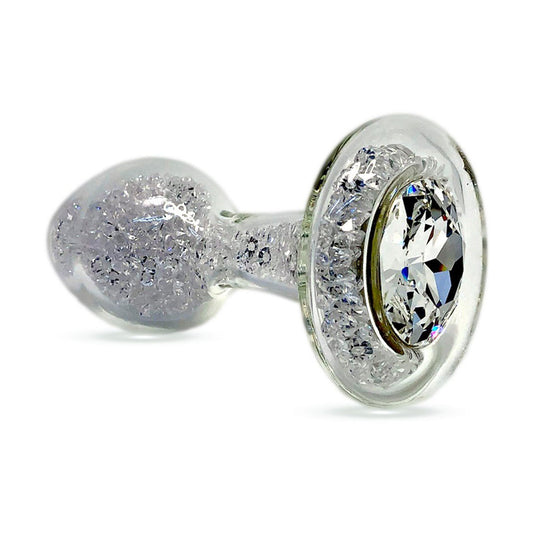 Sparkle Glass Butt Plug with Crystal Base in Clear viewed on a plain white background showcasing its crystal filled design. Available at SugarX in the Butt Plug section of the Sex Toys collection.