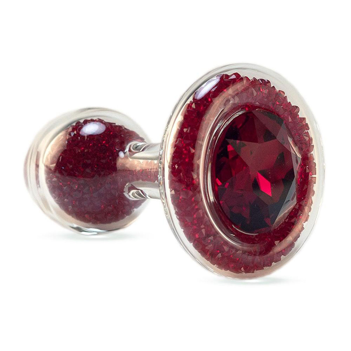 Sparkle Glass Butt Plug with Crystal Base in Red viewed on a plain white background showcasing its crystal filled design. Available at SugarX in the Butt Plug section of the Sex Toys collection.