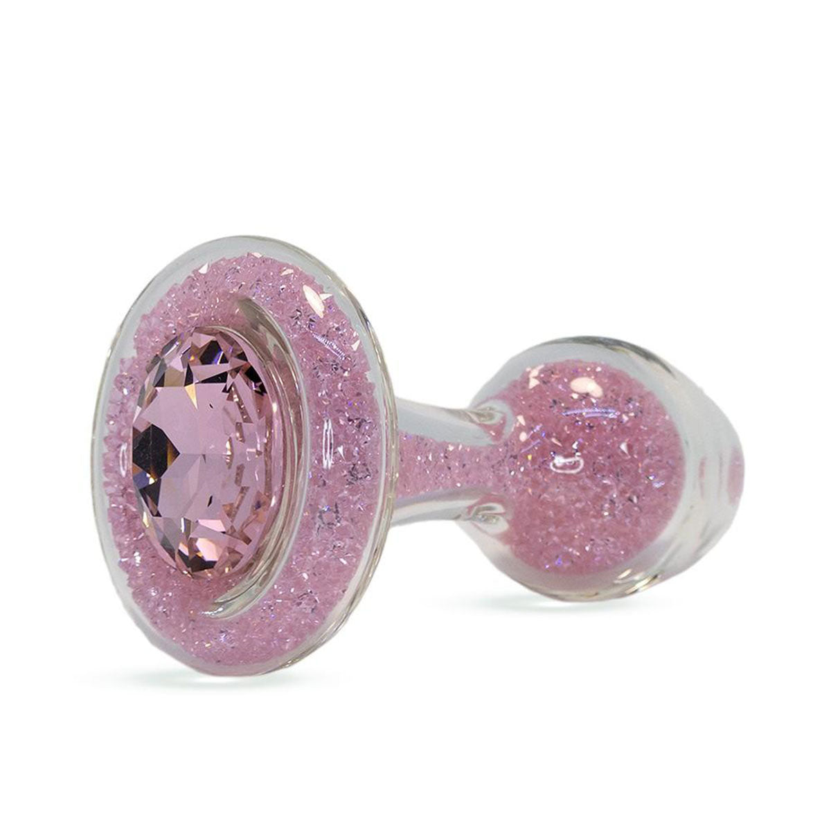 Sparkle Glass Butt Plug with Crystal Base in Pink viewed on a plain white background showcasing its crystal filled design. Available at SugarX in the Butt Plug section of the Sex Toys collection.