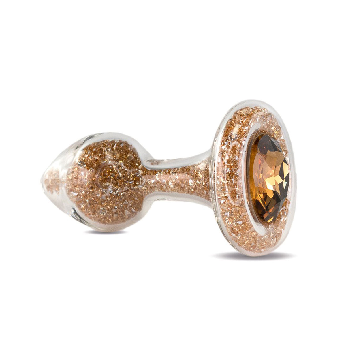 Sparkle Glass Butt Plug with Crystal Base in Gold viewed on a plain white background showcasing its crystal filled design. Available at SugarX in the Butt Plug section of the Sex Toys collection.