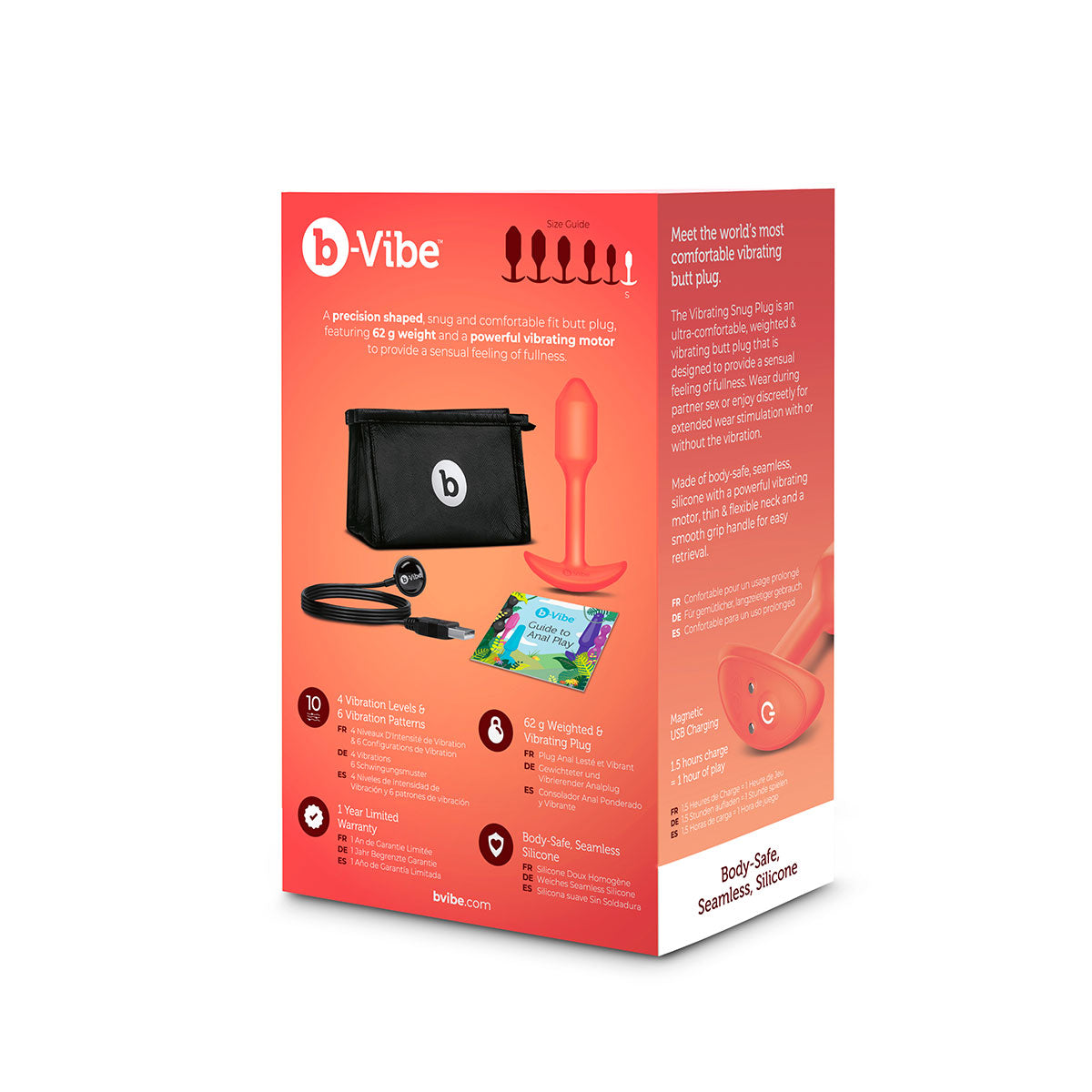 B-Vibe Vibrating Snug Plug 1 - Orange on white background. Available at SugarX in Sex Toys in the Butt Plug collection.