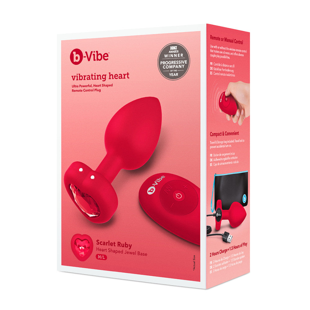 B-Vibe Vibrating Heart Plug Medium/Large - Scarlet Ruby on white background. Available at SugarX in Sex Toys in the Butt Plug collection.