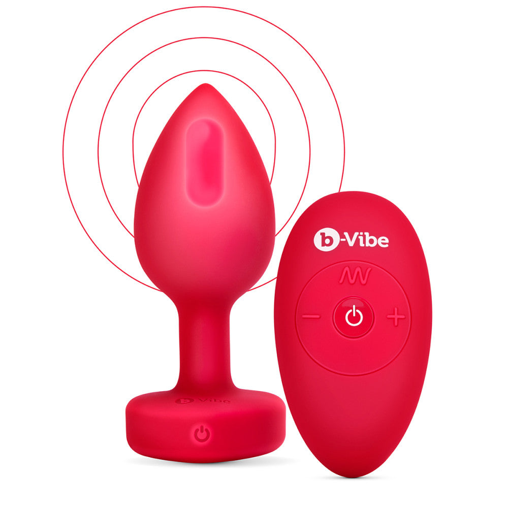 B-Vibe Vibrating Heart Plug Medium/Large - Scarlet Ruby on white background. Available at SugarX in Sex Toys in the Butt Plug collection.