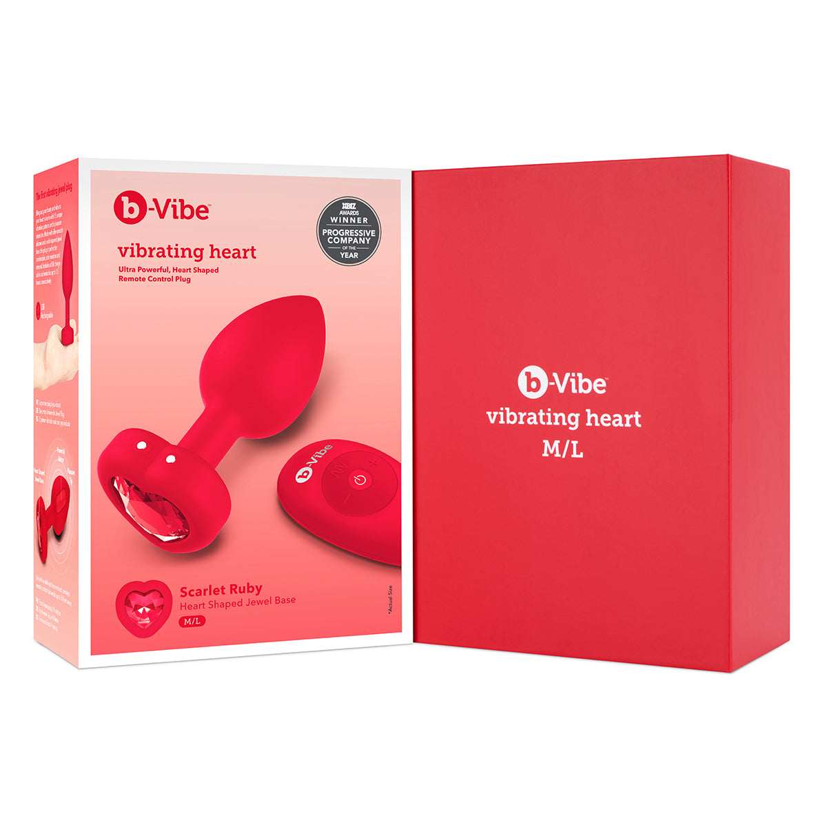 B-Vibe Vibrating Heart Plug Medium/Large - Scarlet Ruby on white background. Available at SugarX in Sex Toys in the Butt Plug collection.