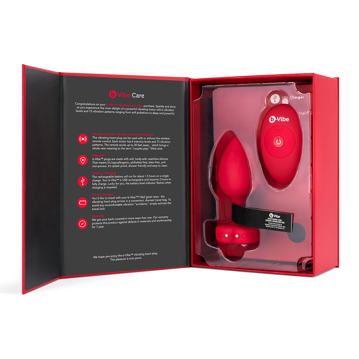 B-Vibe Vibrating Heart Plug Medium/Large - Scarlet Ruby on white background. Available at SugarX in Sex Toys in the Butt Plug collection.