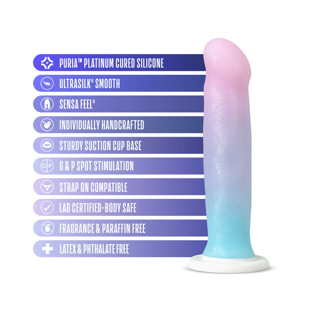 Blush Avant Lucky D17 dildo shown with key features – body-safe silicone, harness compatible, suction cup base at SugarX