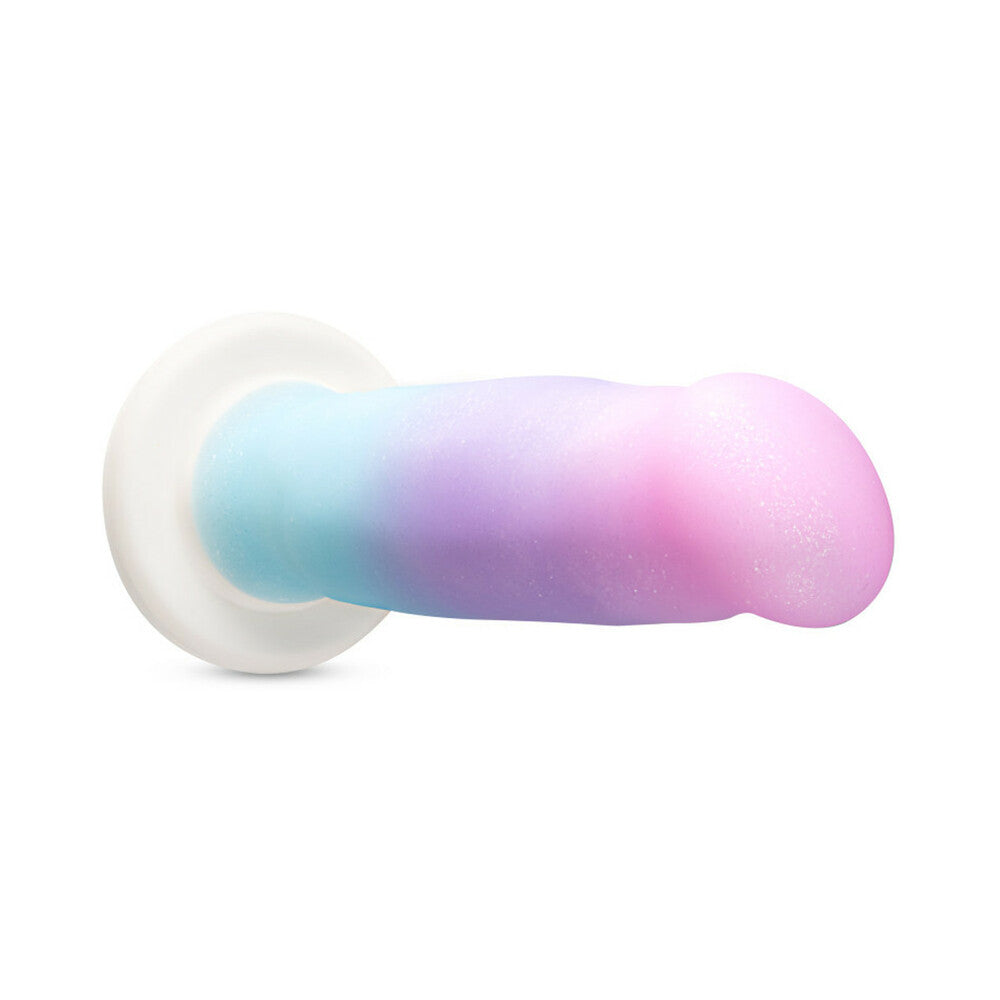 Side view of Blush Avant Lucky D17 rainbow silicone dildo – non-realistic sex toy with suction base at SugarX.