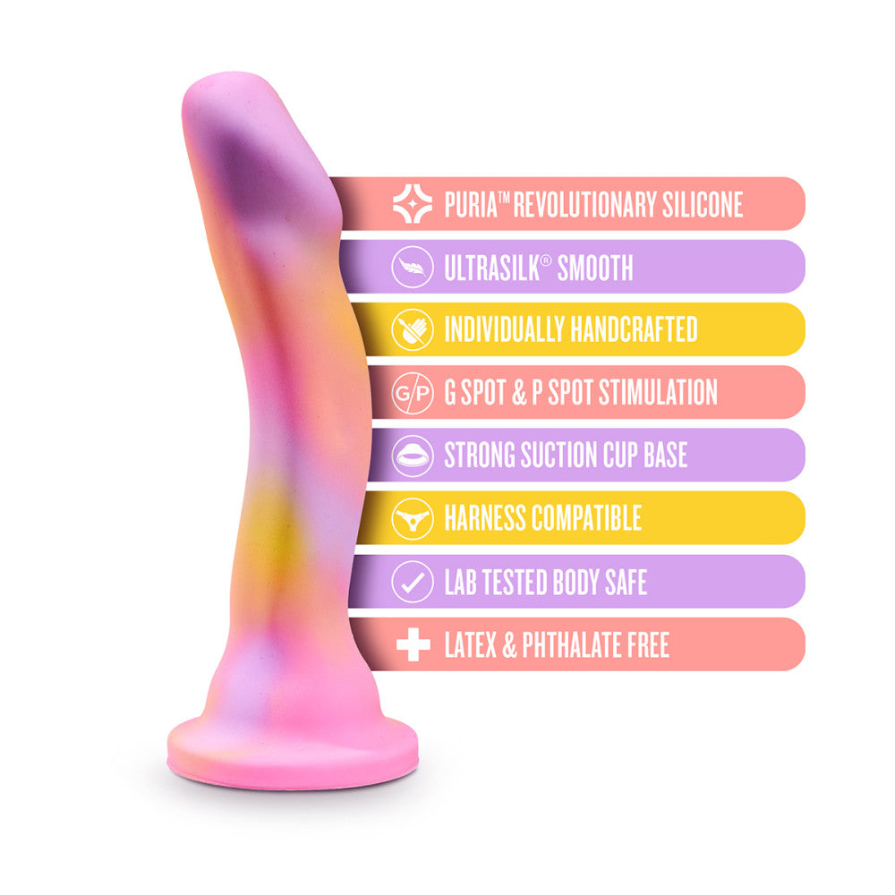 Blush Avant Sun’s Out silicone dildo shown with key features – non-realistic, harness compatible, body-safe sex toy at SugarX.