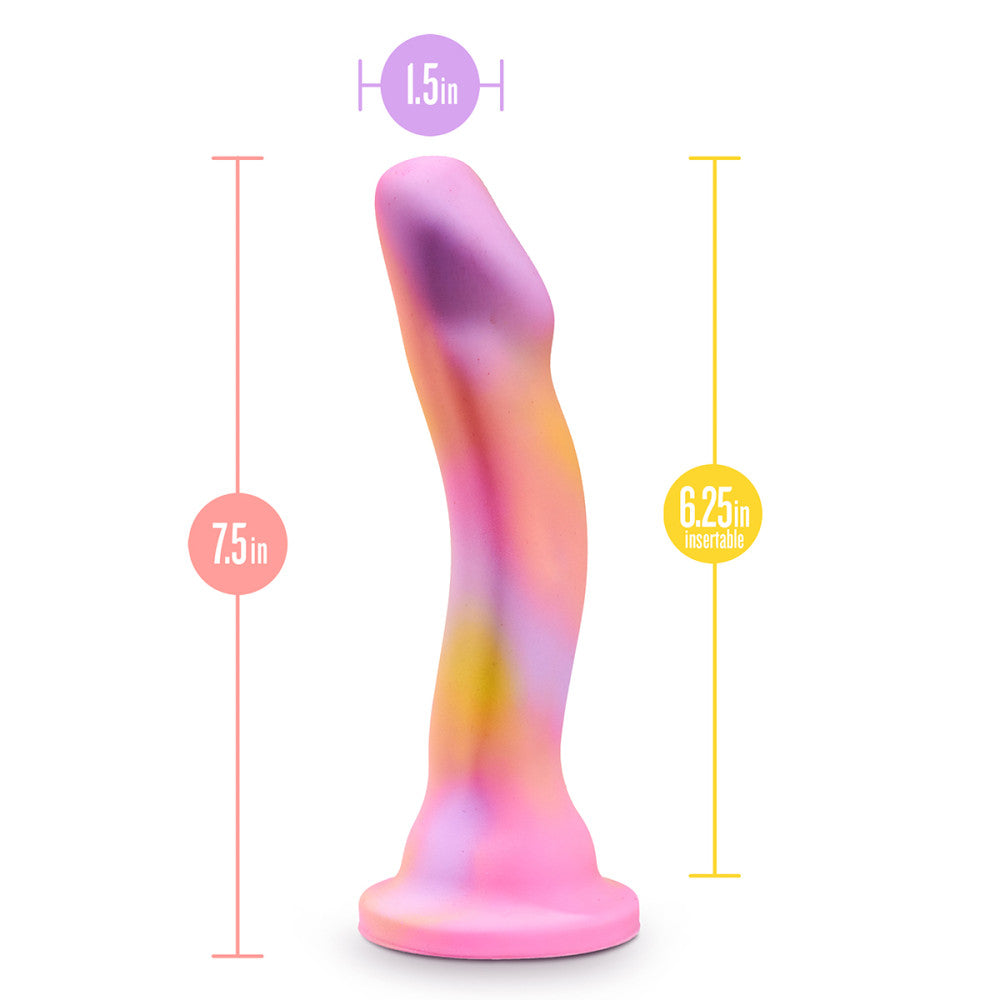 Blush Avant Sun’s Out silicone dildo shown with key features – non-realistic, harness compatible, body-safe sex toy at SugarX.