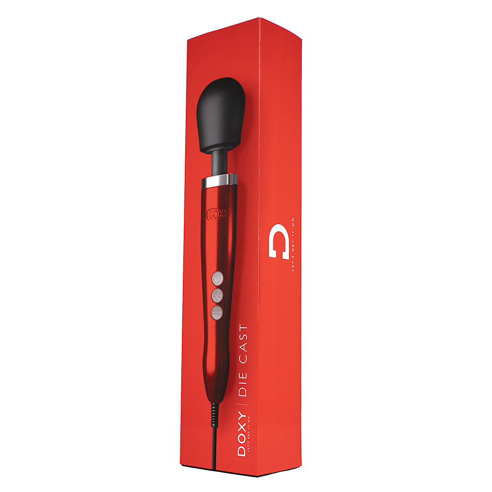 Doxy Die Cast Candy Red packaging box standing upright on a white background. High-quality sex toy and wand vibrator from SugarX in the Vibrators Collection.
