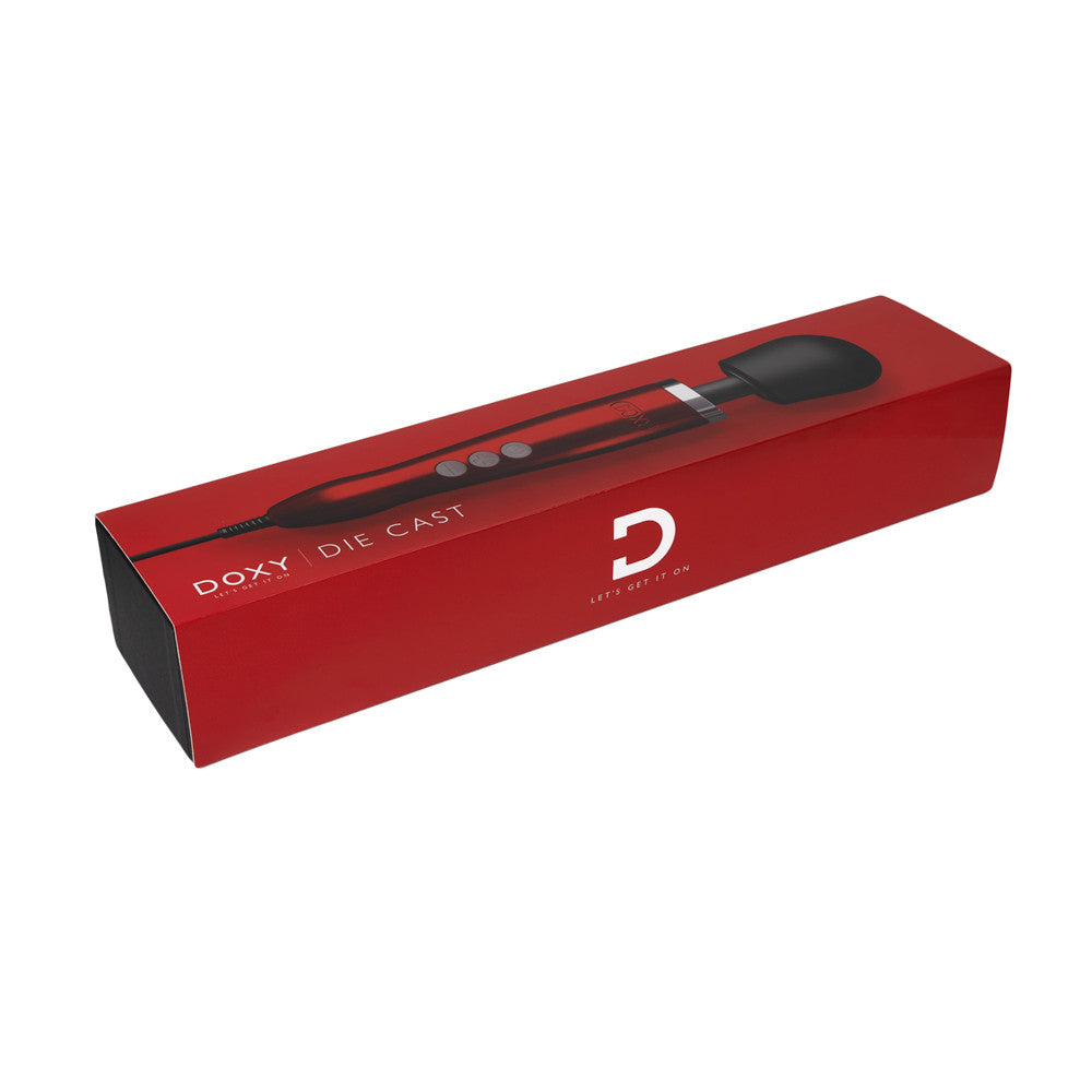 Candy Red Doxy Die Cast wand lying flat on a white background, perfect for powerful and controlled vibrations. Get this sex toy at SugarX in the Vibrators Collection.