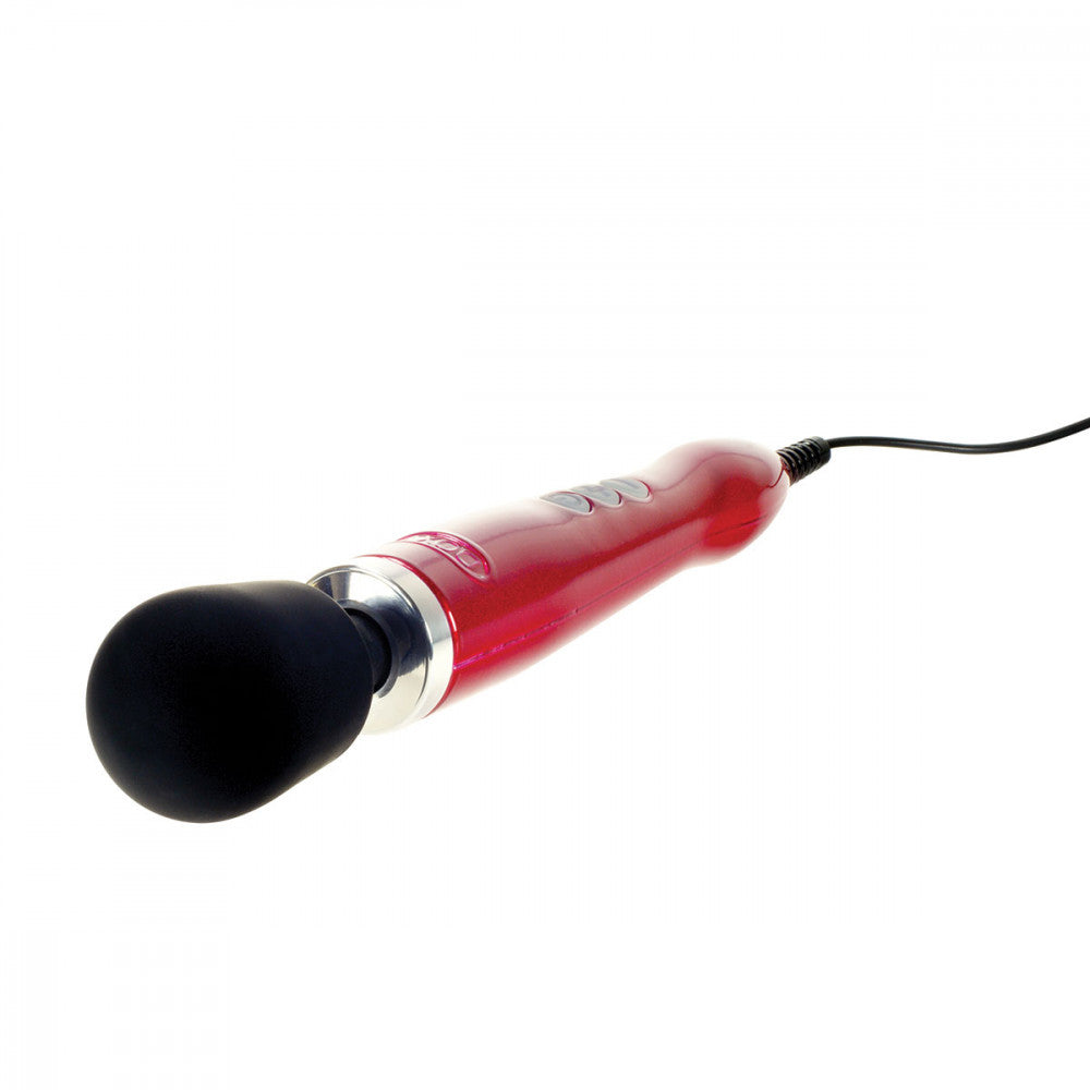 Candy Red Doxy wand vibrator lying flat on a white background. A sleek and powerful sex toy available at SugarX in the Vibrators Collection.