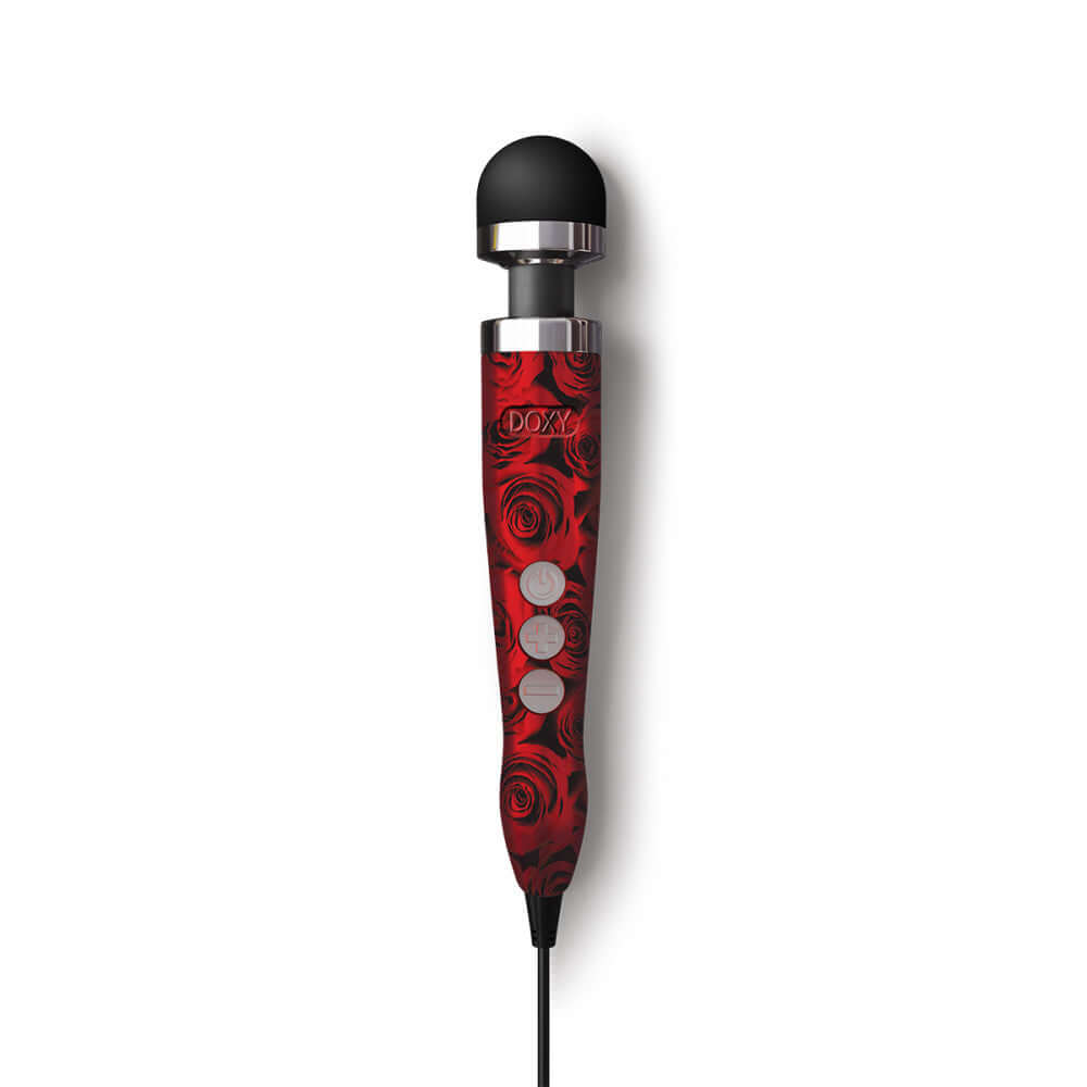 Doxy Die Cast 3 wand massager in roses design, upright facing forward on a plain white background, available at SugarX in Vibrators in the Sex Toy Collection.