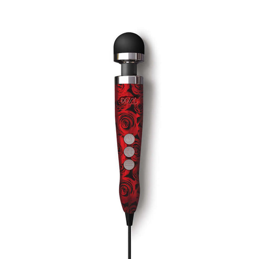 Doxy Die Cast 3 wand massager in roses design, upright facing forward on a plain white background, available at SugarX in Vibrators in the Sex Toy Collection.