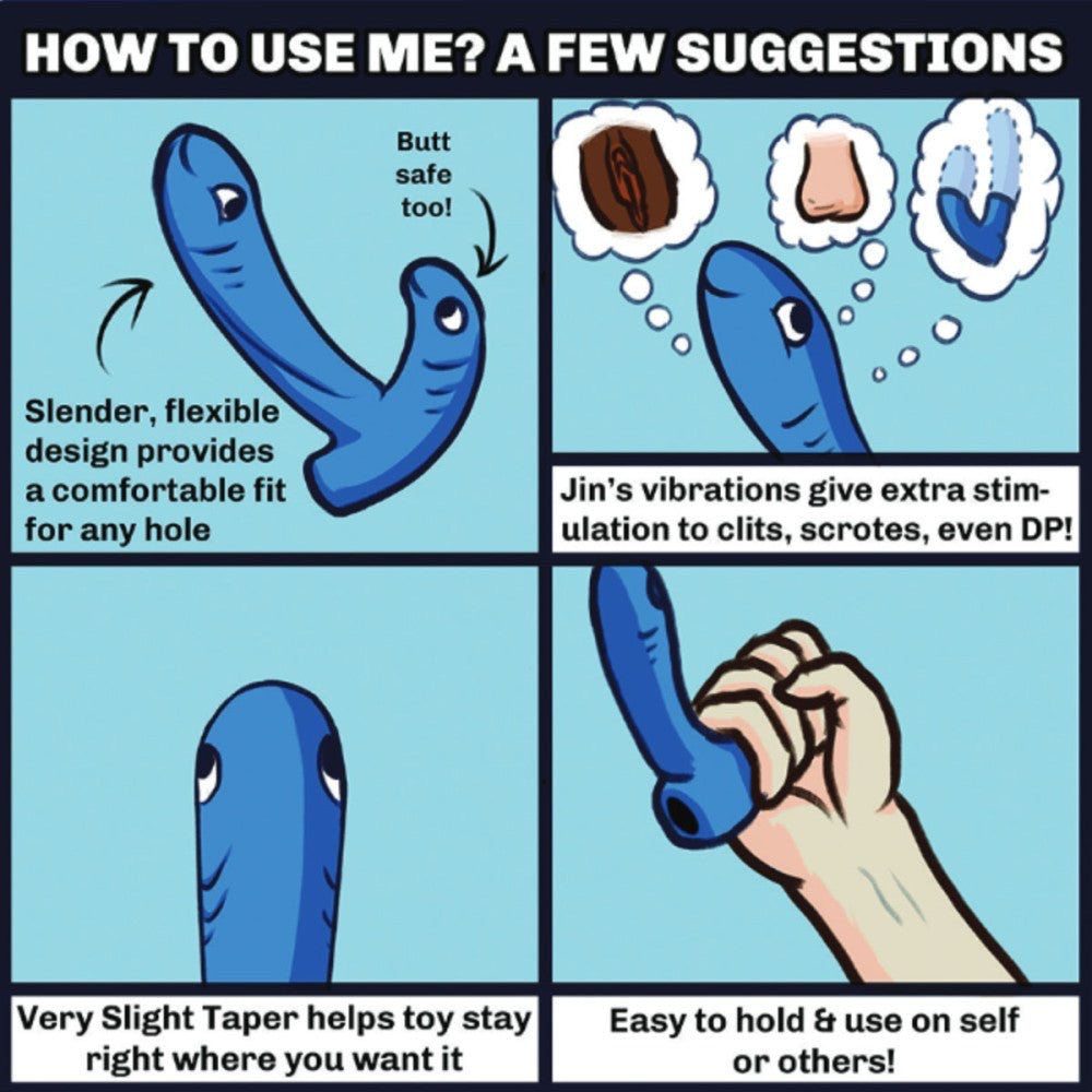 Cartoon guide illustrating different ways to use the Jix vibrator for clitoral, anal, and internal stimulation.