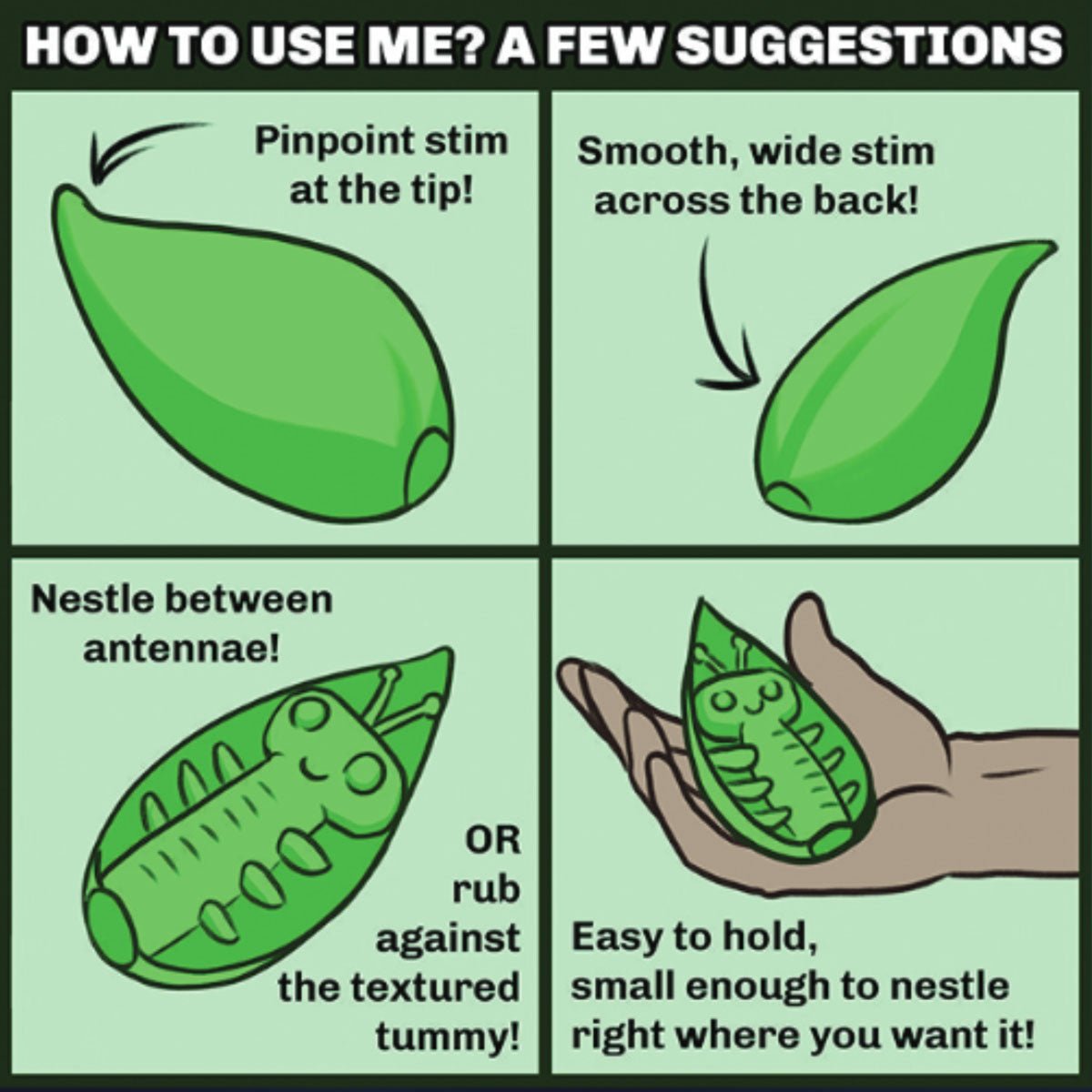 Illustrated guide showing different ways to use the Zeep vibrator from Cute Little Fuckers, available at SugarX