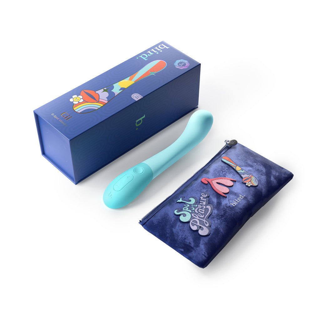 Biird Gii G-spot vibrator in Mint by SugarX in Sex Toys in the G-Spot Vibrator collection. The vibrator is on a white background with its box showcasing its design for both internal and external stimulation.