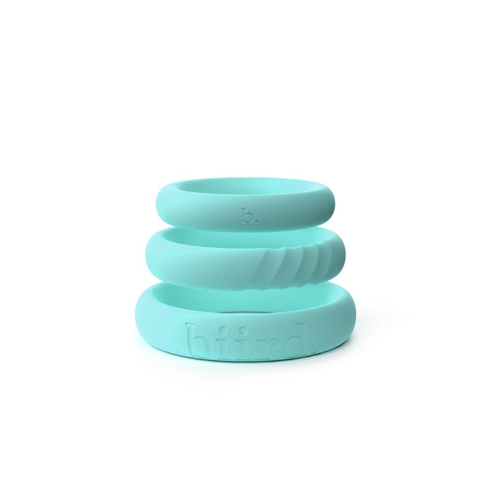 Biird Riin 3-Piece C-ring Set in Mint at SugarX in Sex Toys in the Cock Ring collection. The silicone cock ring set on a white background includes three stretchy, smooth rings in different sizes, designed for comfort and enhanced pleasure.