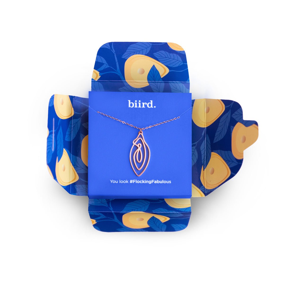 Biird Vulvii Necklace in Rose Gold at SugarX, displayed on a plain white background. This elegant rose gold-plated stainless steel necklace features a minimalist line drawing of a vulva.