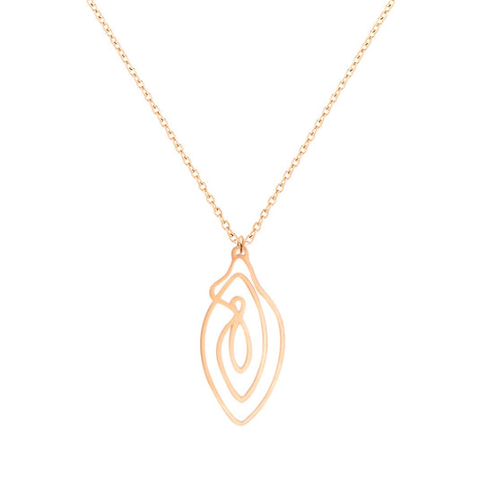Biird Vulvii Necklace in Rose Gold at SugarX, displayed on a plain white background. This elegant rose gold-plated stainless steel necklace features a minimalist line drawing of a vulva.