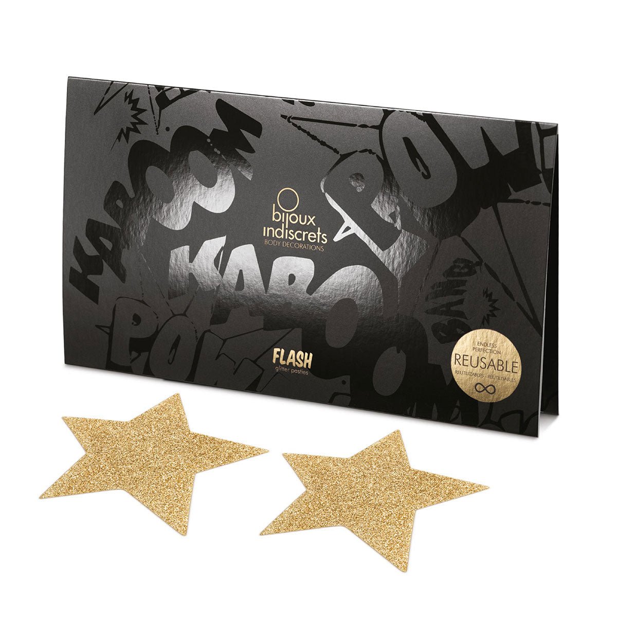Bijoux Indiscrets Flash Pasties and Nipple Cover in Gold Star on a white background shown up close showcasing the gold star design. Available at SugarX in the Nipple Adornment collection.