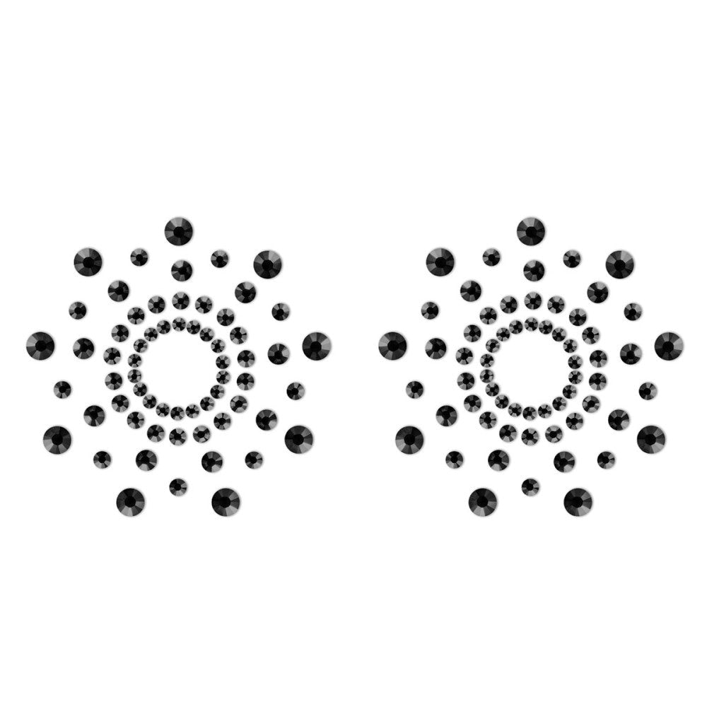 Bijoux Indiscrets Mimi Jewel Pasties in Black on a white background shown up close showcasing their black jeweled design allowing you to both free the nipple and adorn them. Available at SugarX in the Nipple Adornment collection.