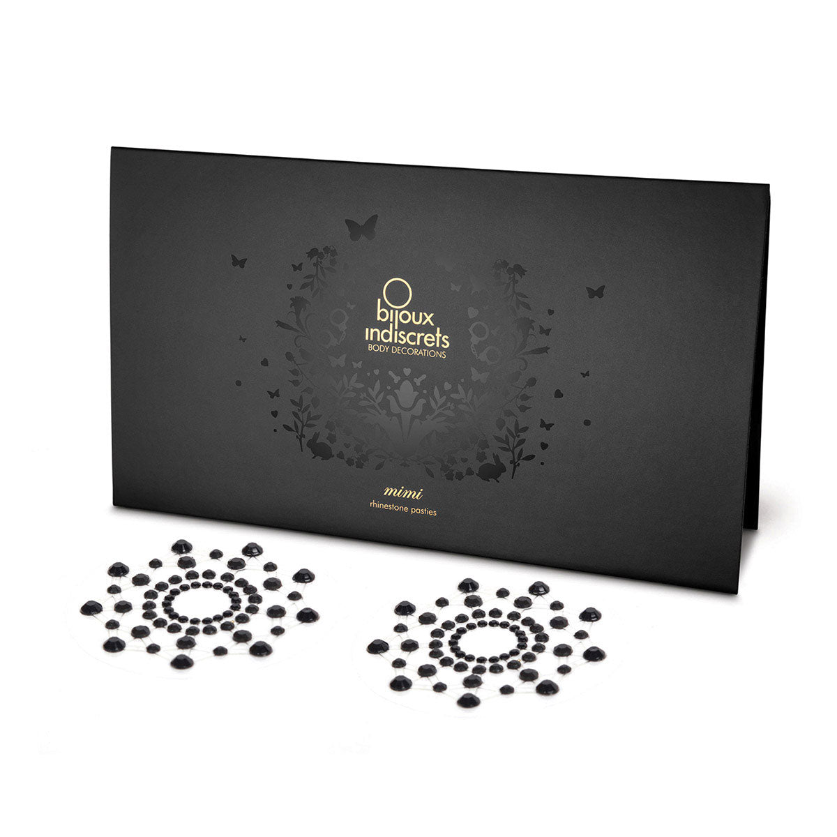 Bijoux Indiscrets Mimi Jewel Pasties in Black on a white background shown up close showcasing their black jeweled nipple cover design. Available at SugarX in the Nipple Adornment collection.