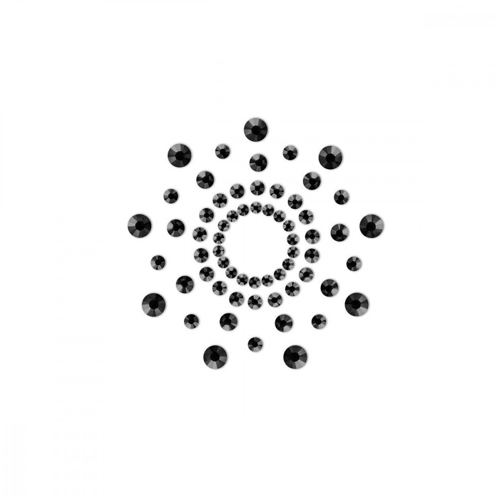 Bijoux Indiscrets Mimi Jewel Pasties in Black on a white background shown up close showcasing their black jeweled design. Available at SugarX in the Nipple Adornment collection.