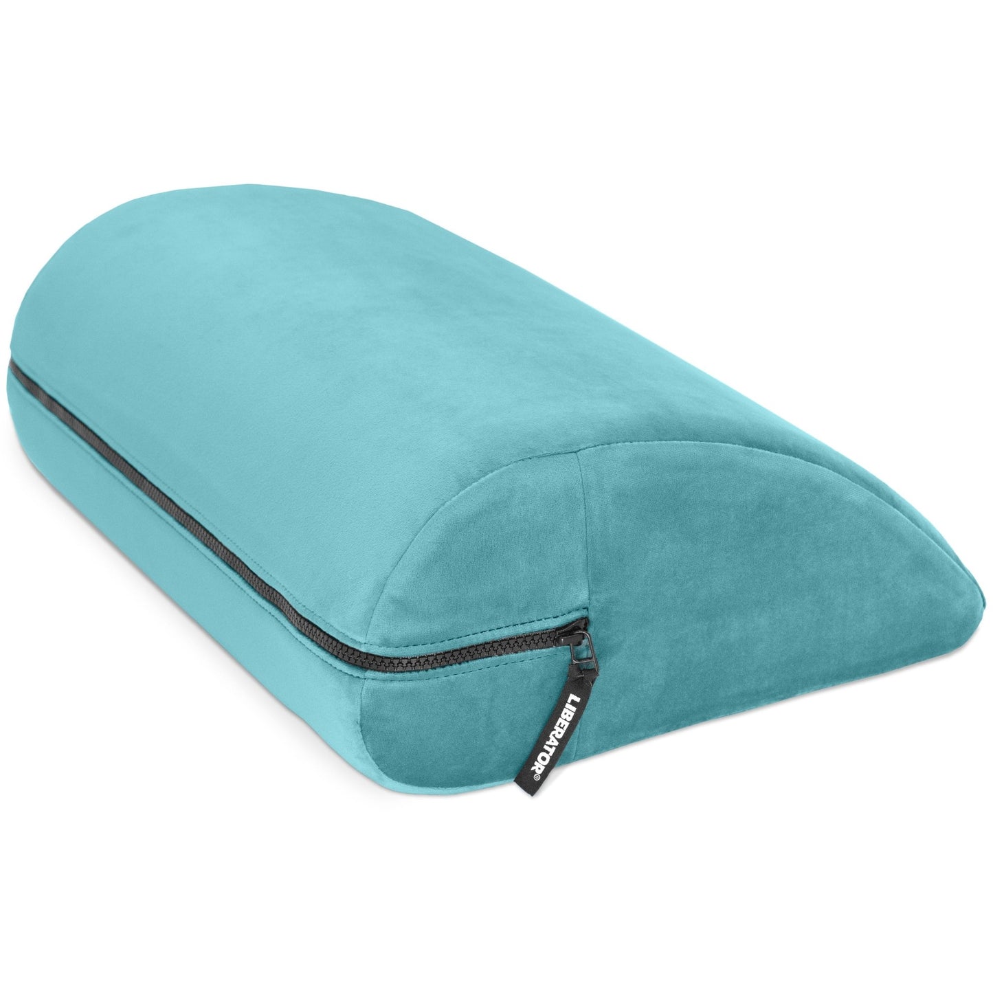 Close-up of the blue Liberator Jaz Motion pillow on a bed, highlighting its premium fabric and ergonomic design.