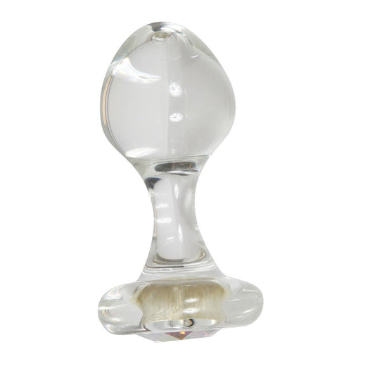 Crystal Delights Small Aurora Borealis Glass Butt Plug on a plain white background showcasing its slim stem and flared base. Available at SugarX in the Butt Plug section of the Sex Toys collection.