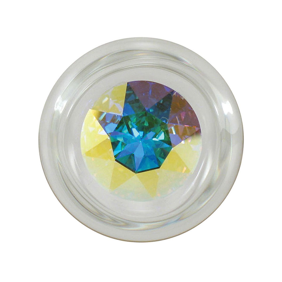 Crystal Delights Small Aurora Borealis Glass Butt Plug viewed from the bottom on a plain white background showcasing its slim stem and flared base. Available at SugarX in the Butt Plug section of the Sex Toys collection.