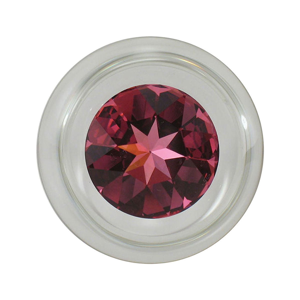 Crystal Delights Small Clear Glass Butt Plug with Pink jewel viewed from the bottom on a plain white background showcasing its design. Available at SugarX in the Butt Plug section of the Sex Toys collection.
