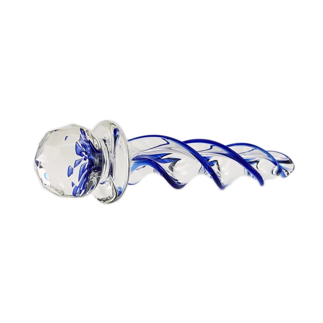 Crystal Delights Faceted Implosion Twist Glass Dildo from another angle on a plain white background showcasing its twisted design. Available at SugarX in the Dido section of the Sex Toys collection.