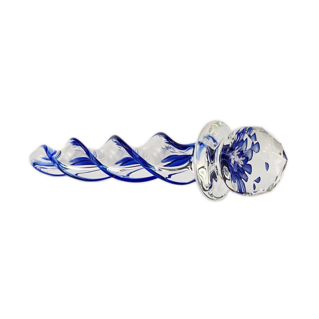 Crystal Delights Faceted Implosion Twist Glass Dildo on a plain white background showcasing its twisted design. Available at SugarX in the Dildo section of the Sex Toys collection.